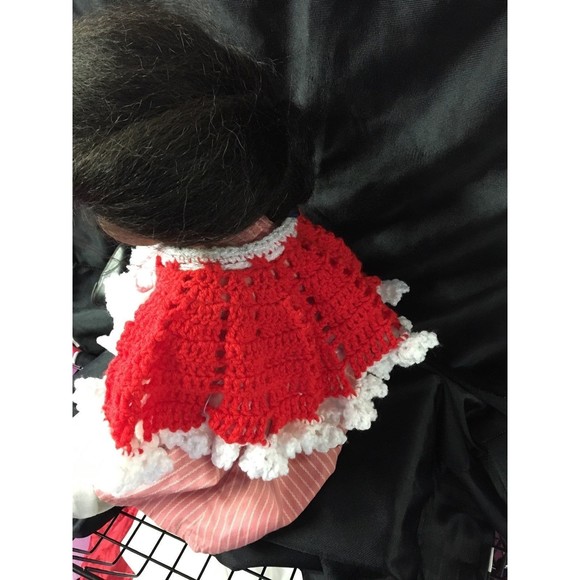 Doll Shawl Crochet Handmade with Pom Pom Closure Red w/White Trim accessories - Picture 2 of 6